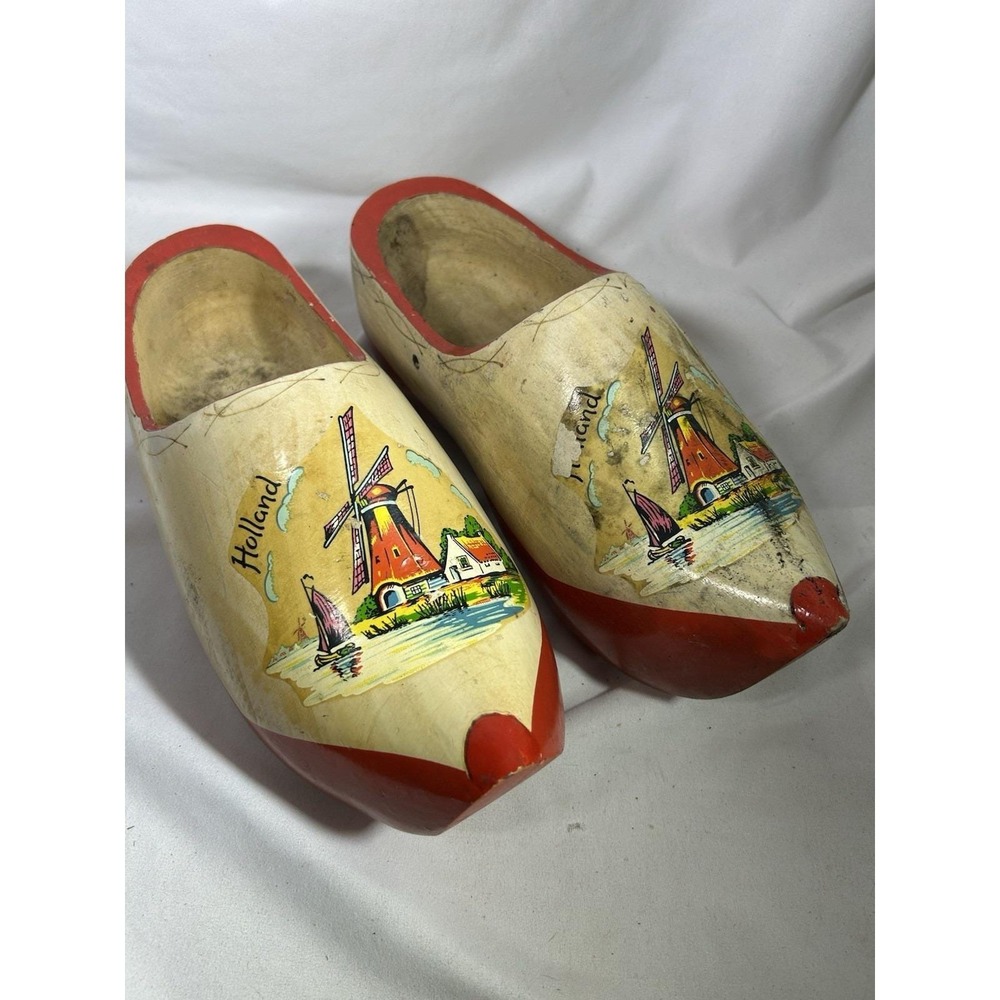 Vintage Authentic Pair Dutch Wooden Shoes Holland Wood Hand Carved Painted 25cm